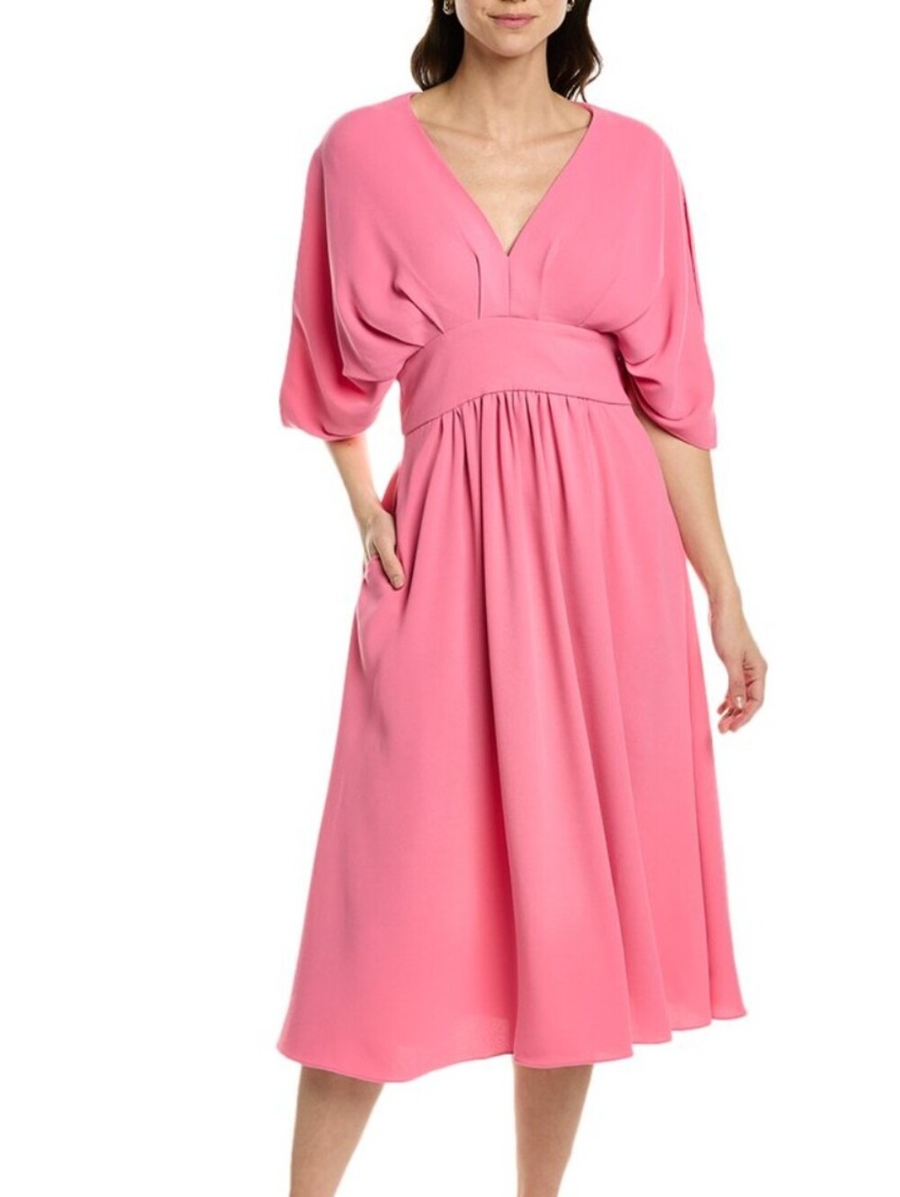 Alexia Admor Pink V-Neck Draped Sleeve Fit & Flare Midi Dress
